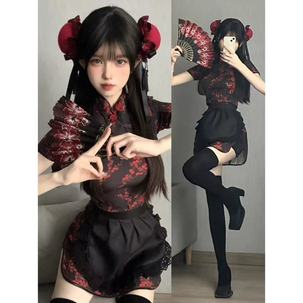 Black and Red Floral QiPao with Apron